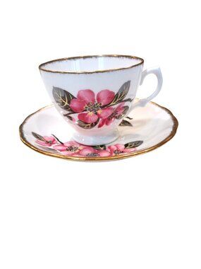 ANTIQUE ROYAL MALVERN CUP & SAUCER RED & BLACK FLOWER ENGLAND BONE CHINA GOLD TR